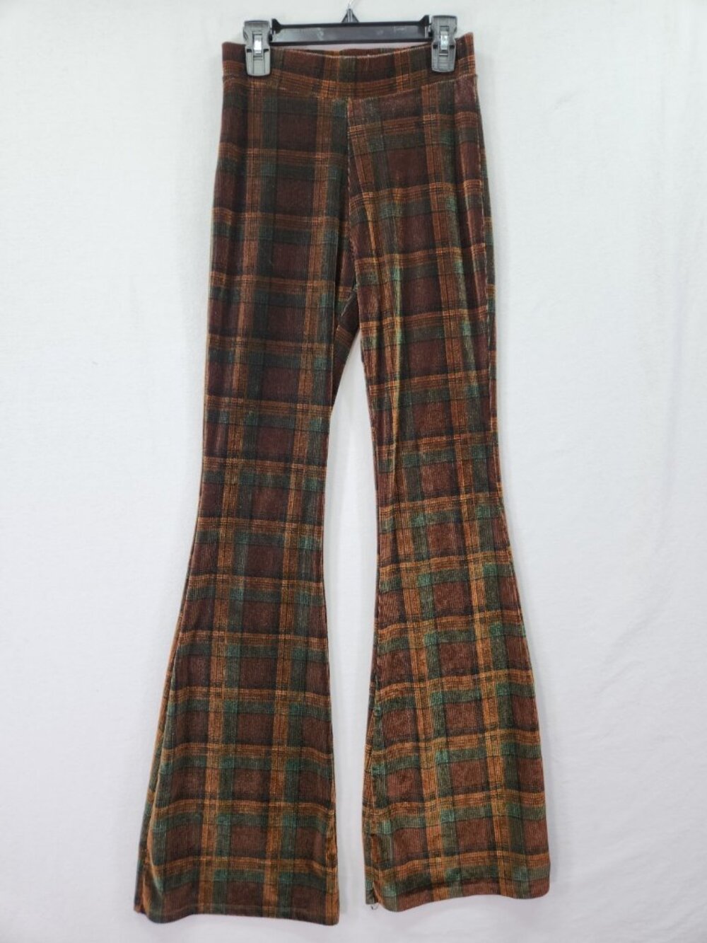 Zara Womens Small 23x32 Velour Plaid Flare Pants High Rise Bell Bottom 70a Boho